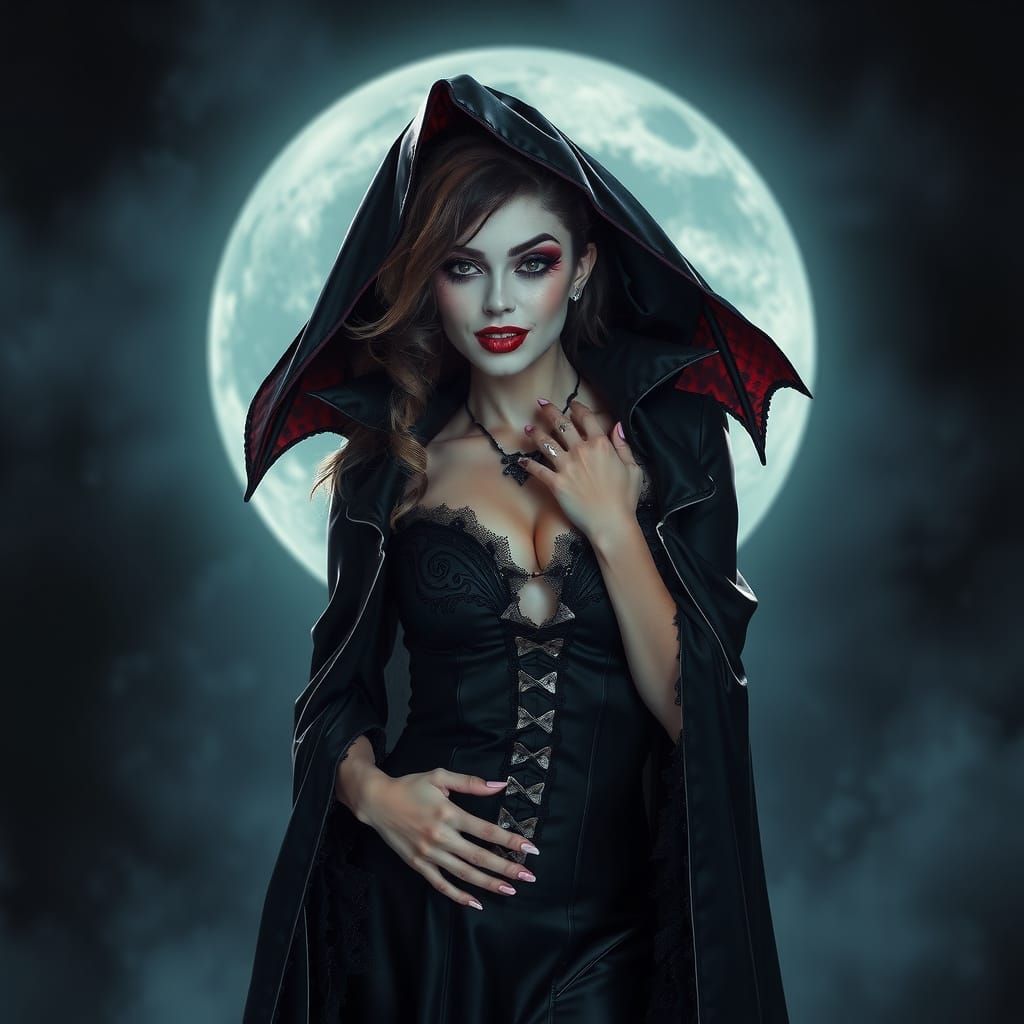 Sexy Vampire Woman in Dracula Cape with Fangs and Long Velve...