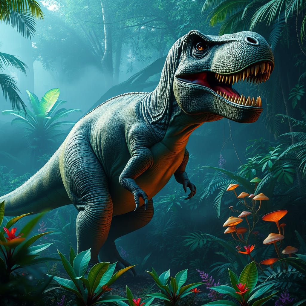 Towering T-Rex in Prehistoric Jungle Paradise