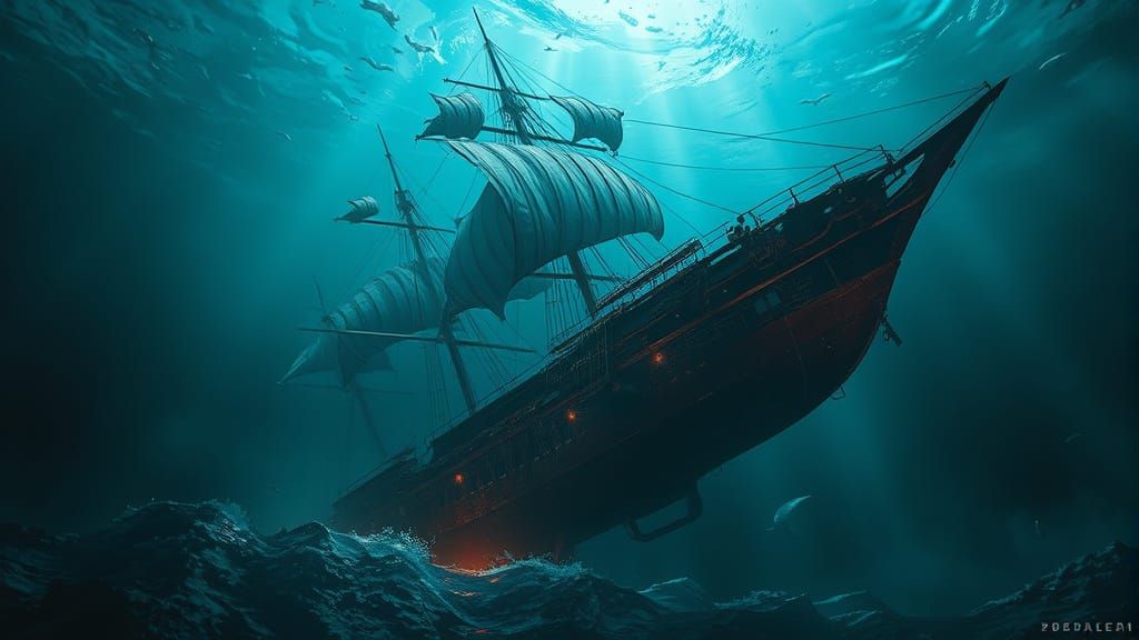 Sinister Ghost Ship Sailing Upside Down: Digital Matte Paint...