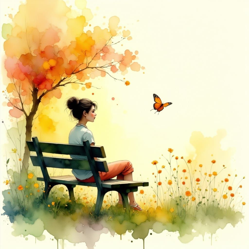 Peaceful Garden Scene: Figure Watching Butterfly in Watercol...