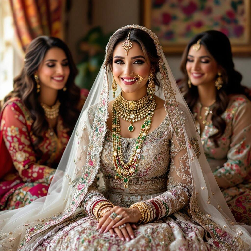Pakistani Bride in Ornate Attire with Friends