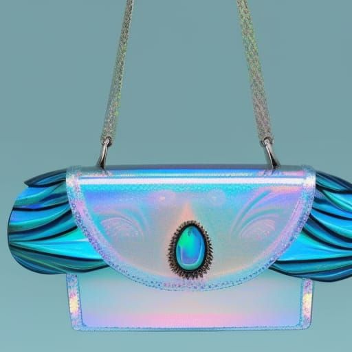 Aquamarine holographic seashell handbag with turquoise blue holographic accents& greenish blue holographic accents& ligh...