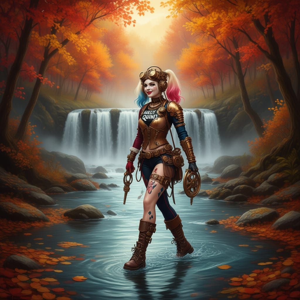 Steampunk Harley Quinn Walks Through Autumn River