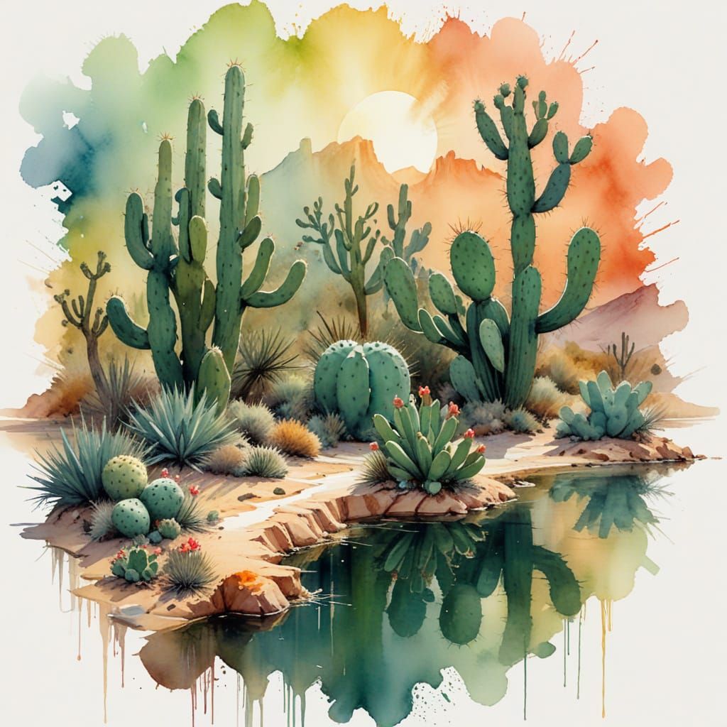 Golden Desert Oasis with Towering Cactus in Mystical Twiligh...