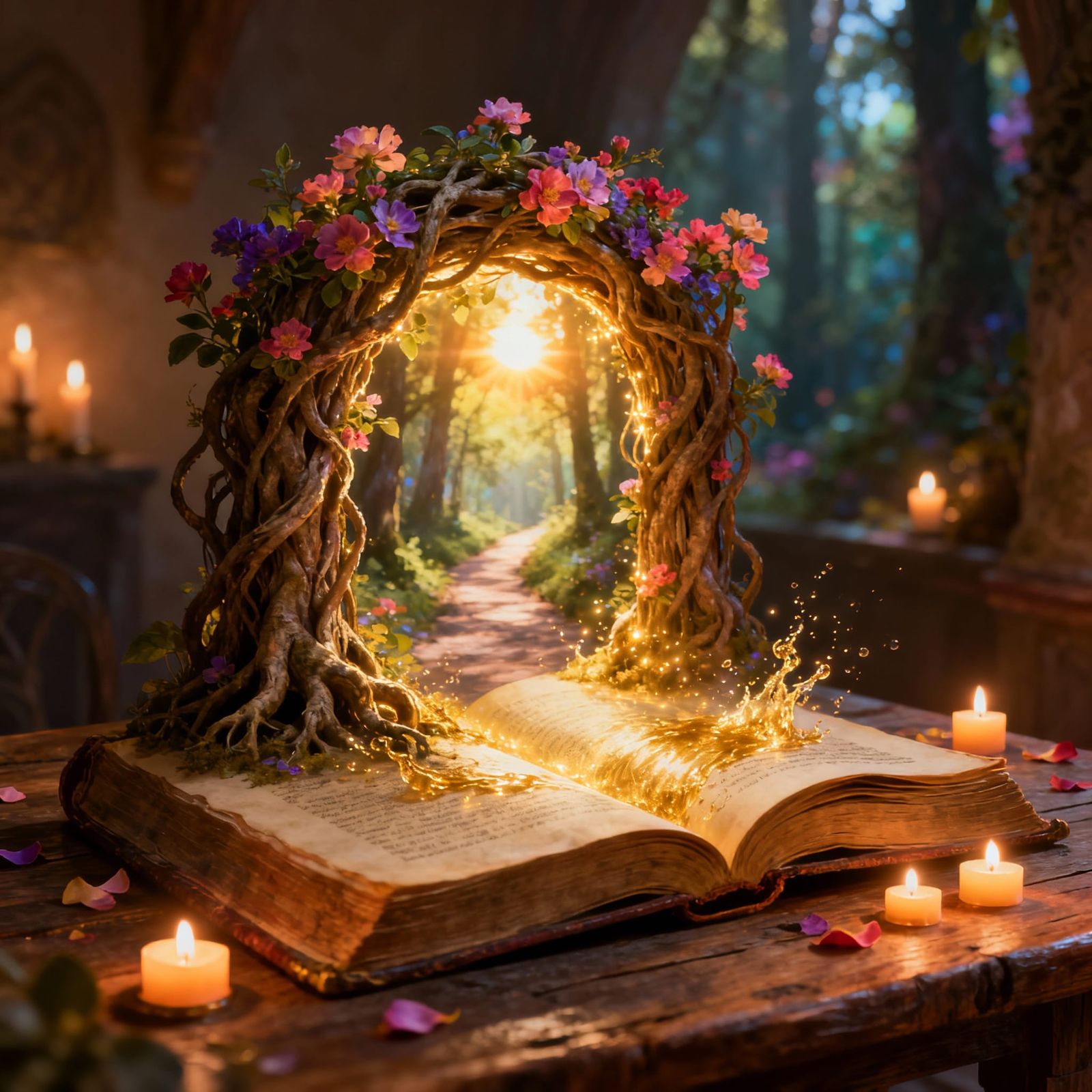 Magical Book Portal in Candlelit Room, Root Archway