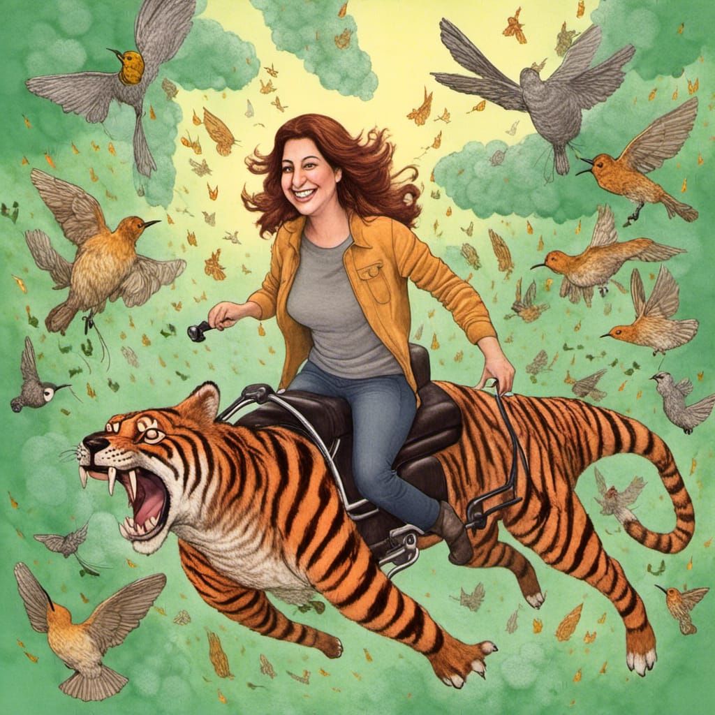 Stacy rides a tiger 🐅 through a shimmer of hummingbirds 🐦