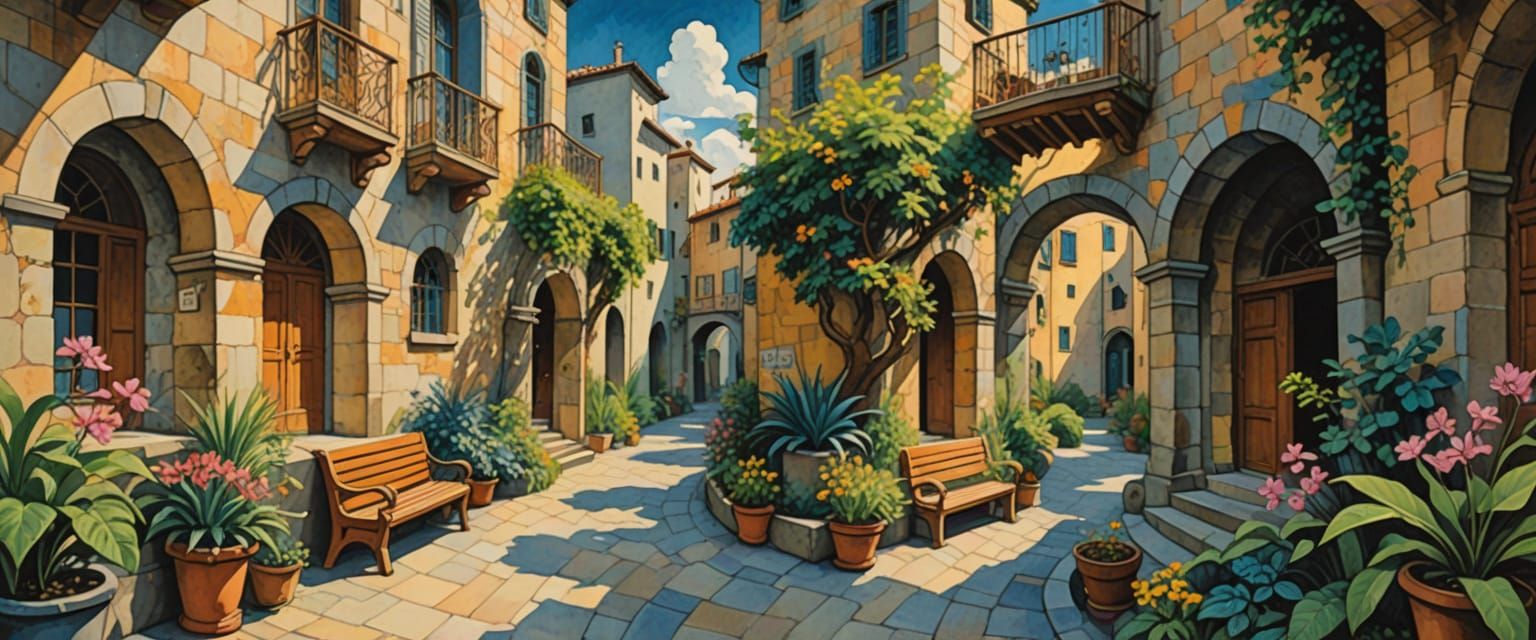 Courtyard Benches in Naive Folk Art Style