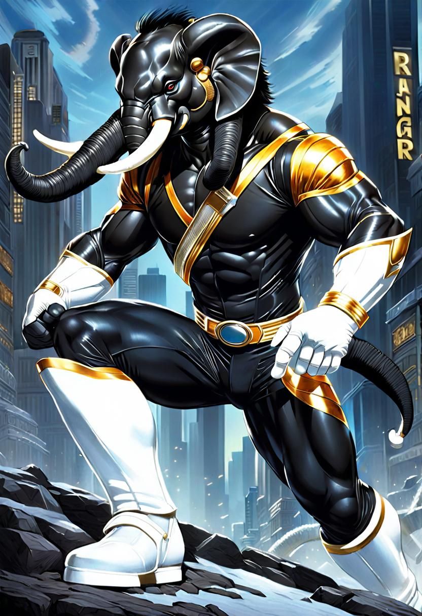 Hypermuscular Mammoth Power Ranger in Cityscape