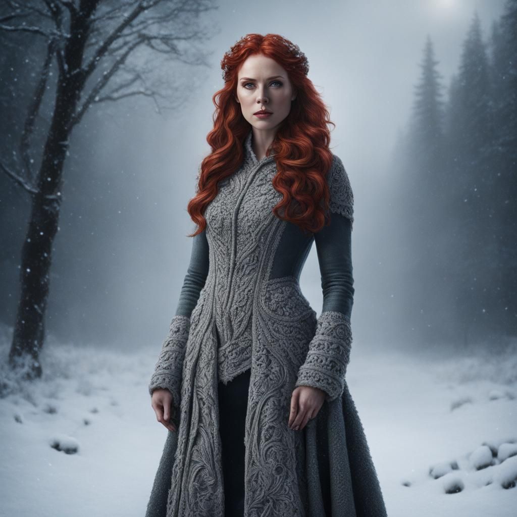 Dignified redheaded woman standing in the snow