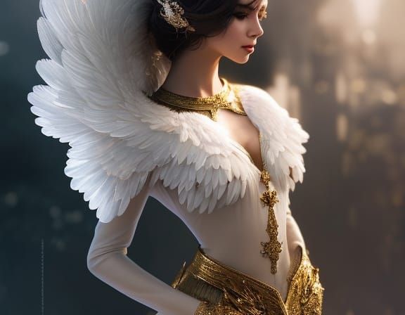 Angelic White Lion with Golden Filigree Wings