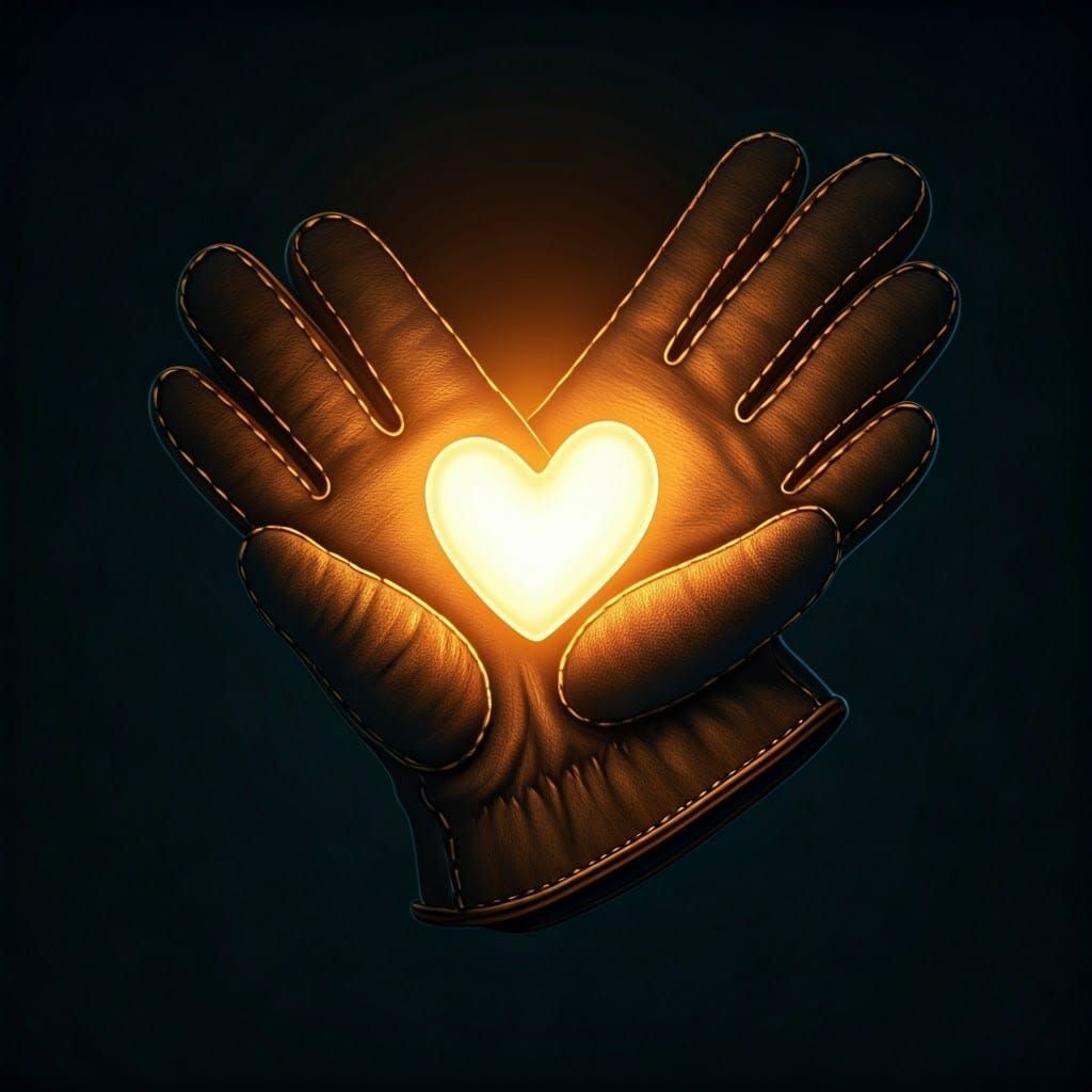 Glowing Heart in Vintage Leather Gloves