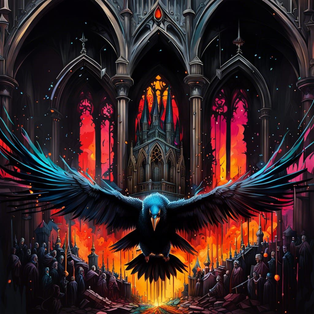 Burning Gothic Cathedral with Crows in Graffiti Style