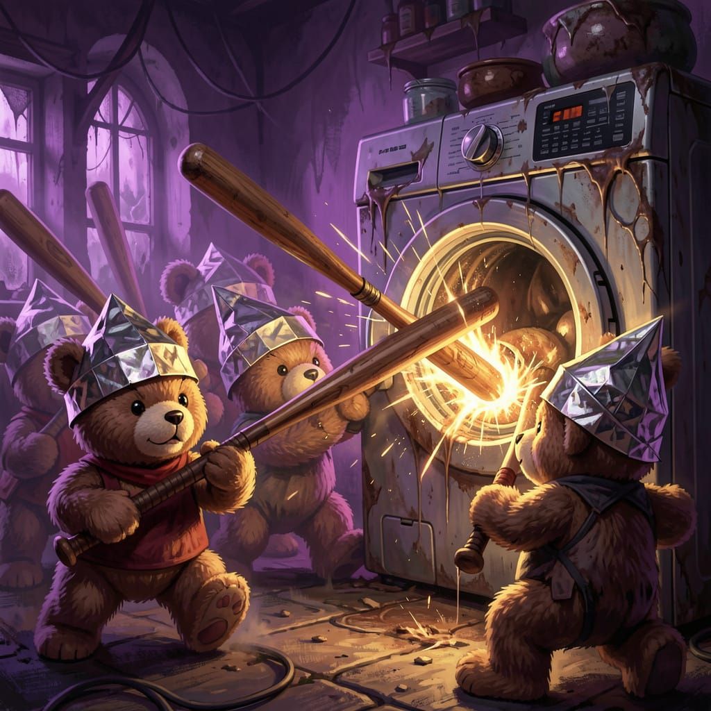 Teddy Bears Attack Haunted Washing Machine in Dark Fantasy S...