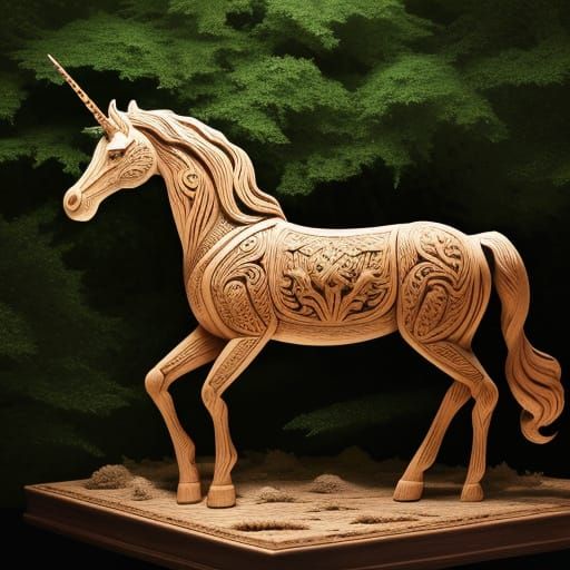Unicorn in Enchanted Forest: Intricate Wood Relief
