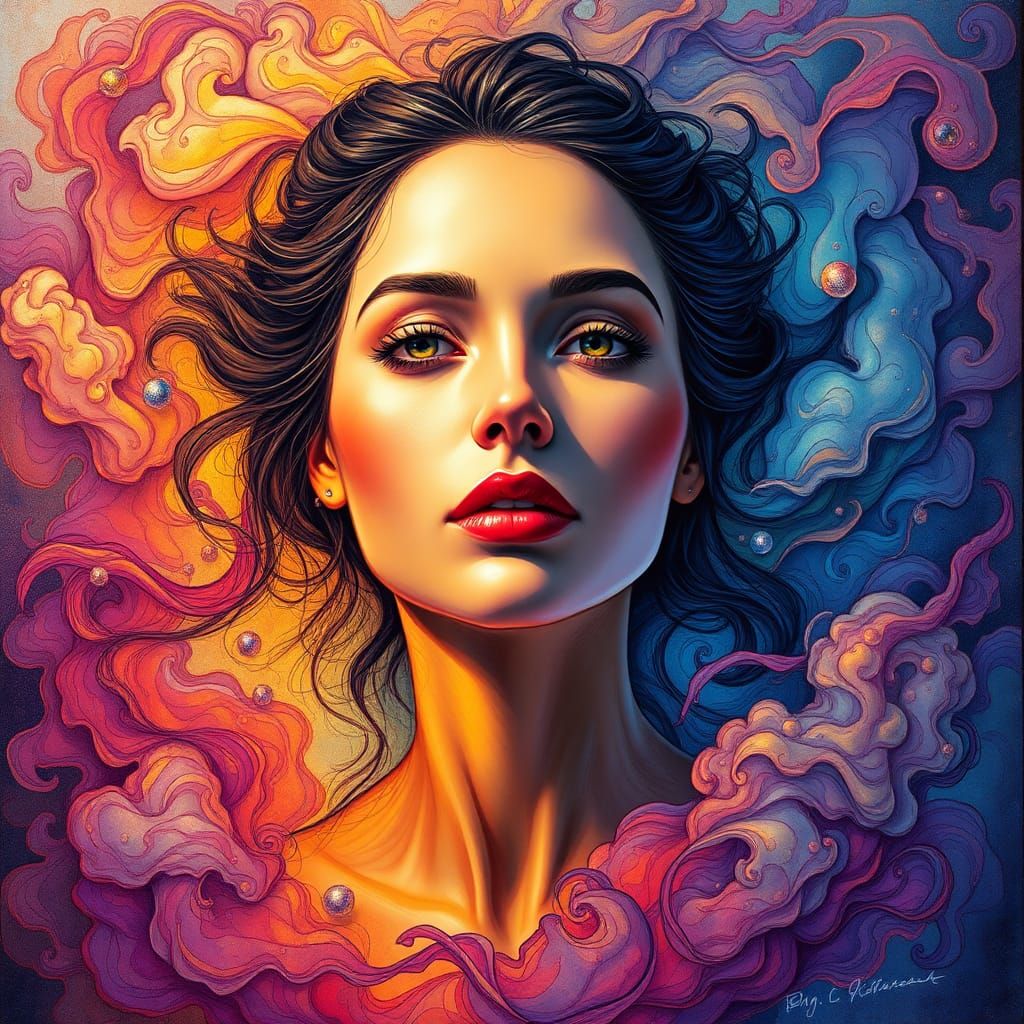 alcohol ink splatter portrait in the style of Moebius and James Jean and Julie Bell and Peter Mohrbacher