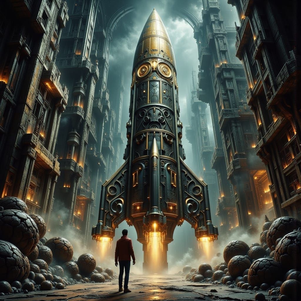 Clockwork Automatons Assemble Rocket in Art Nouveau Style