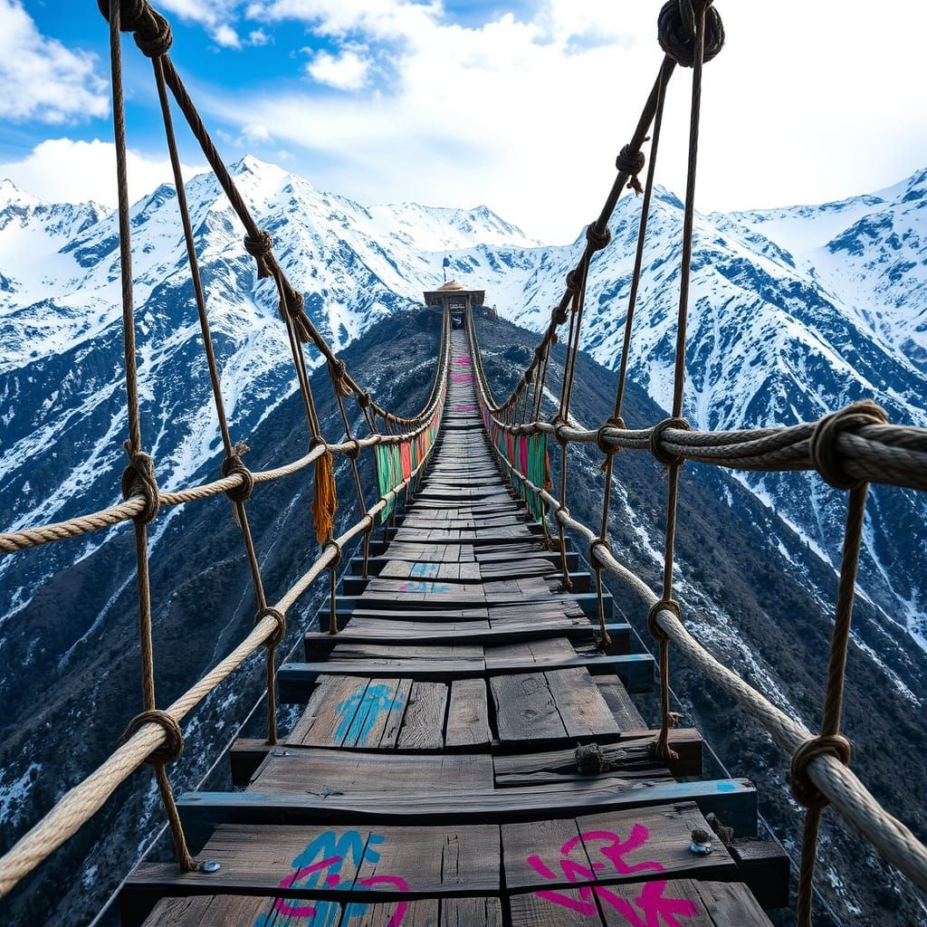 Wooden Suspension Bridge Across Snow-Capped Himalayan Peaks