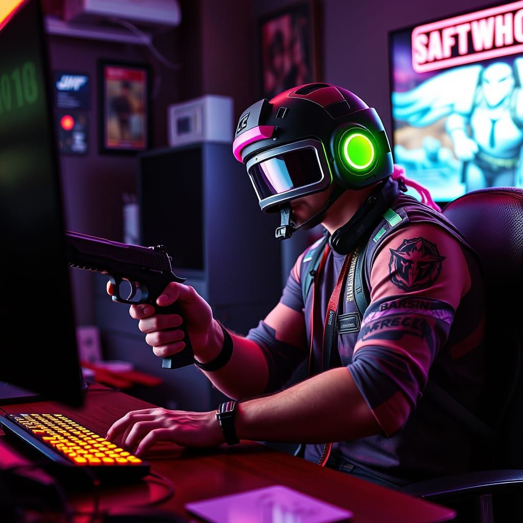 Neon Gamers in a Cyberpunk Scene