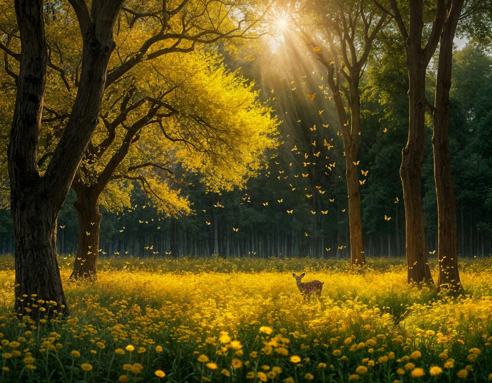 Yellow Butterflies Flutter Around Fawn in Golden Hour Glade