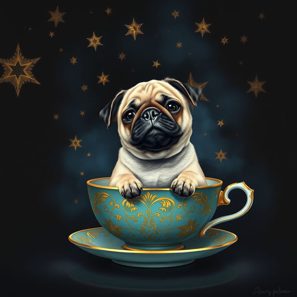 Ethereal Pug in Teal China Cup, Dreamlike Night Scene