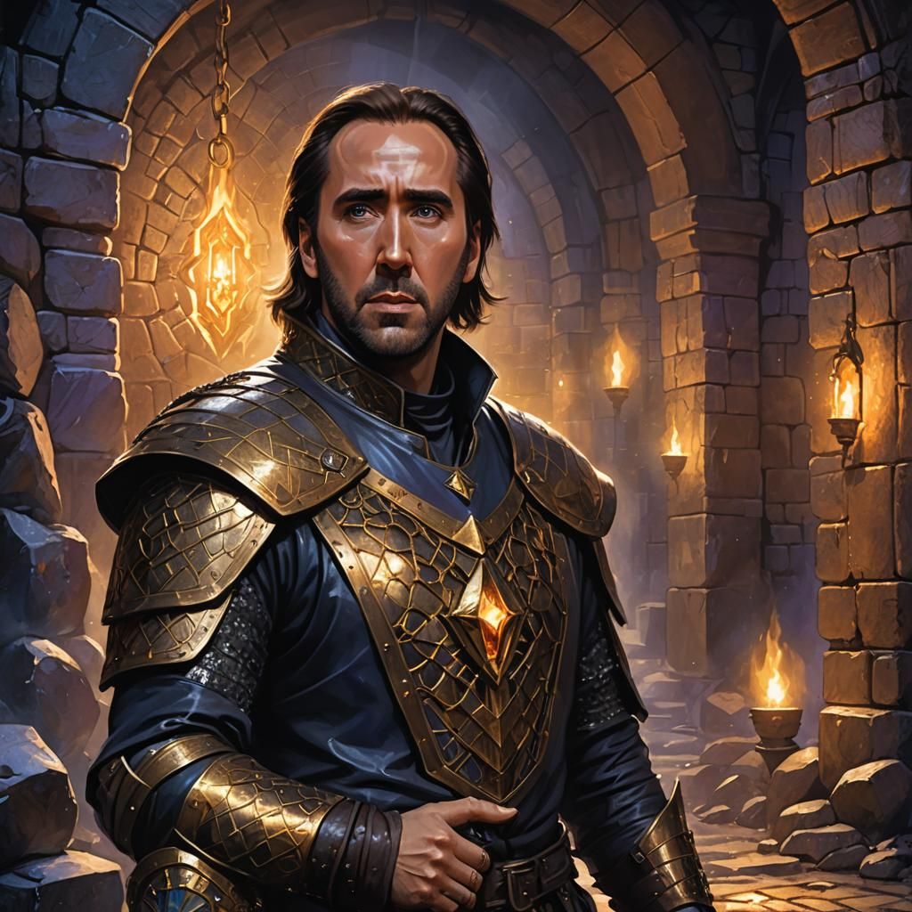 Nicolas Cage in Dark Fantasy Dungeon with Artifact
