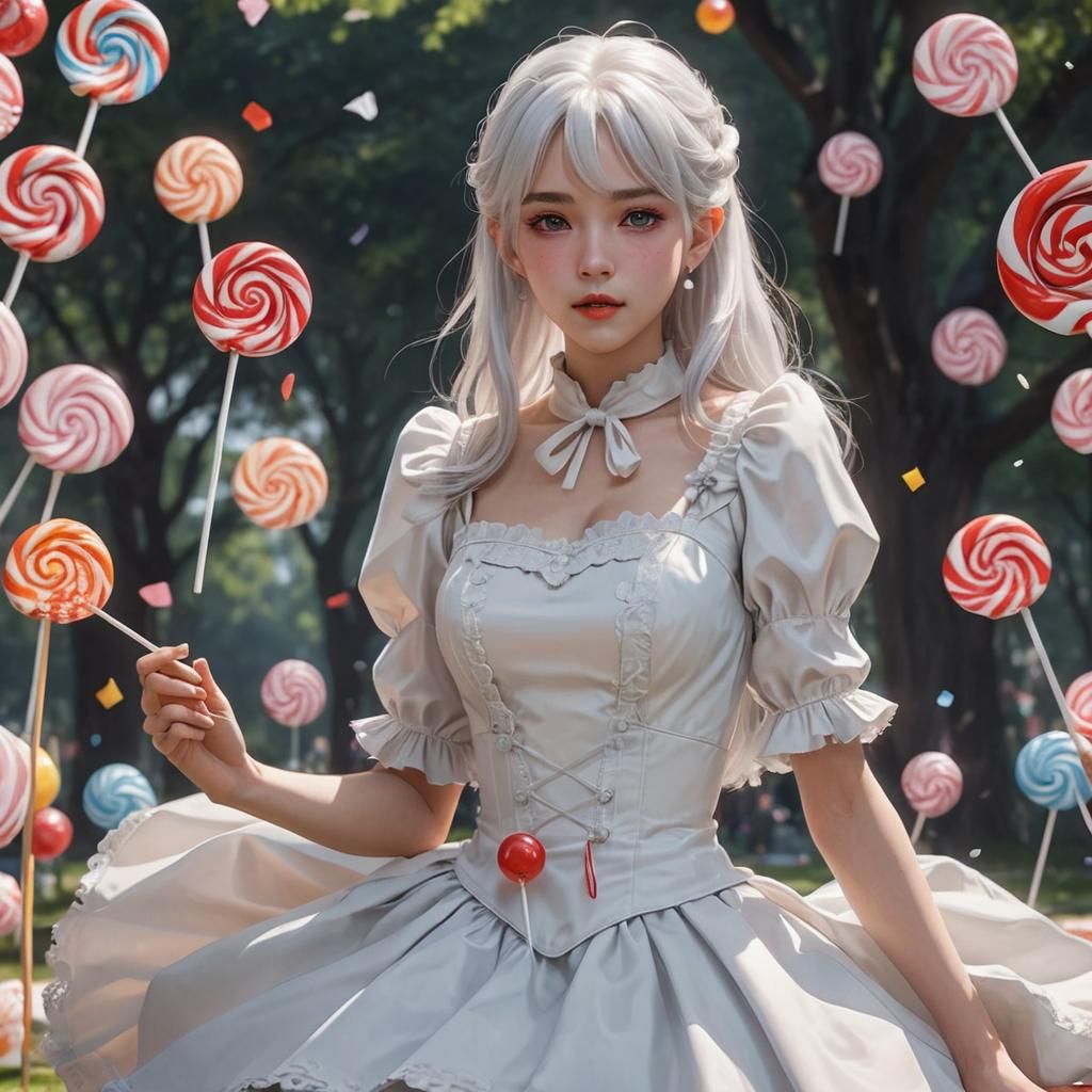 Anime Style Woman with Lollipop in Park