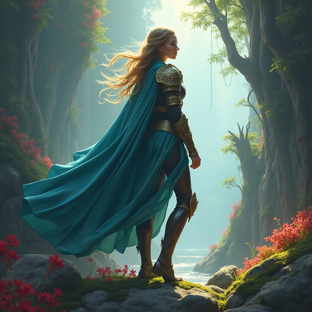 Mystical Warrior in Vibrant Realm, Digital Matte Painting