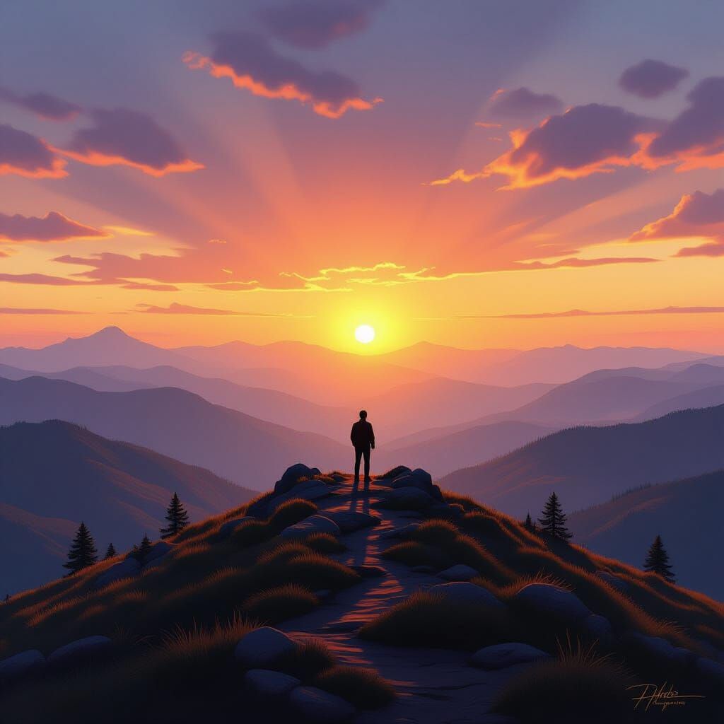 Golden Hour Panorama with Silhouetted Figure