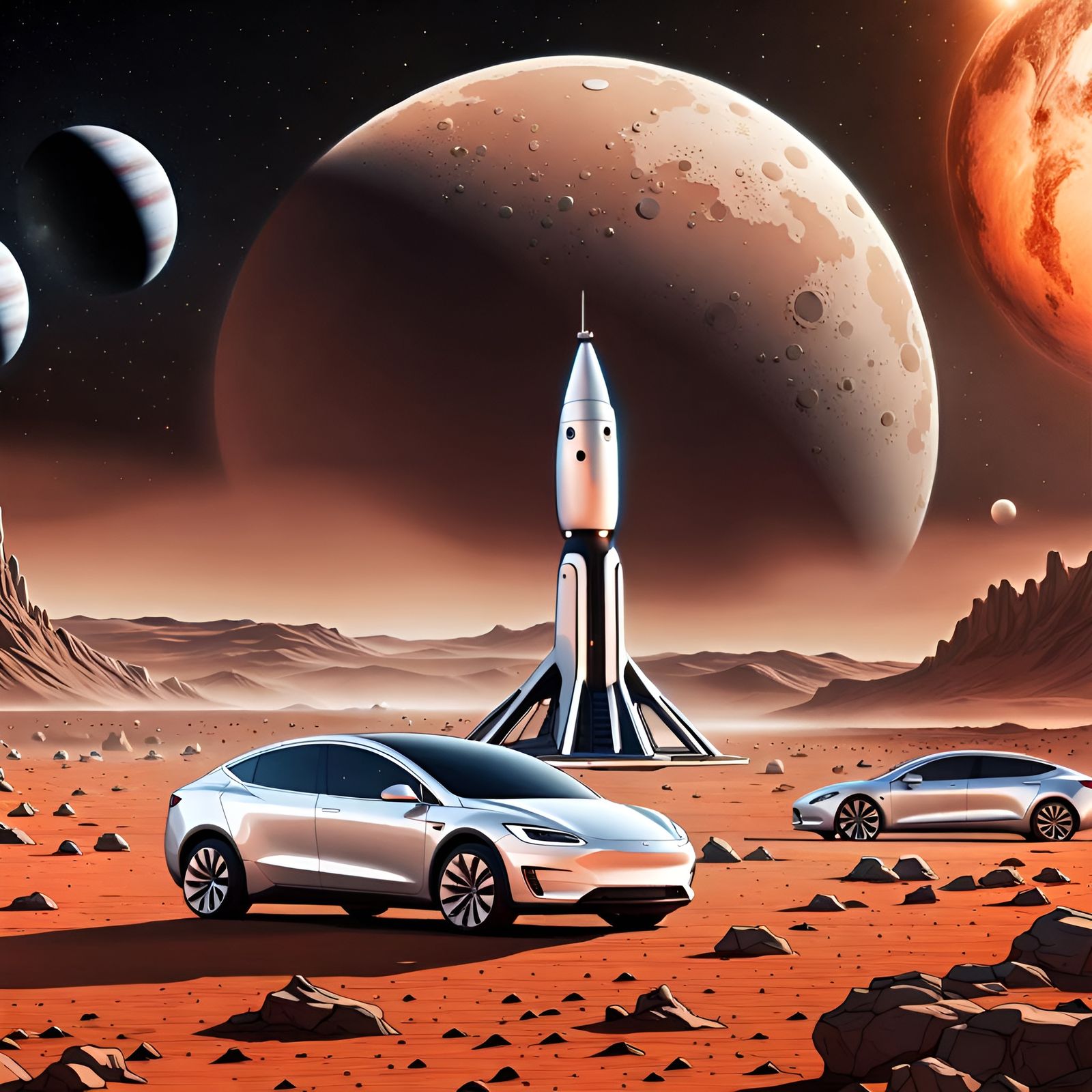 Powerful Saturn Rocket landing on a Mars colony, a TESLA car lot nearby, brilliant skies, detailed moons