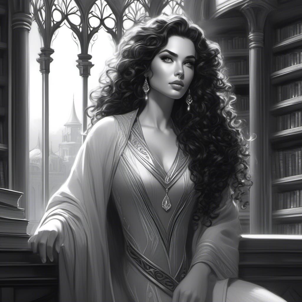 Pencil Sketch of a Mage Woman in Library