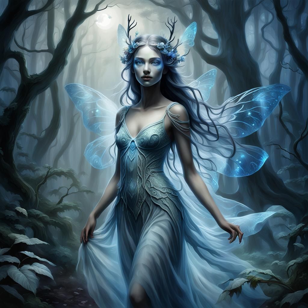 In a misty, moonlit forest, a Beautiful elysian nymph emerge...