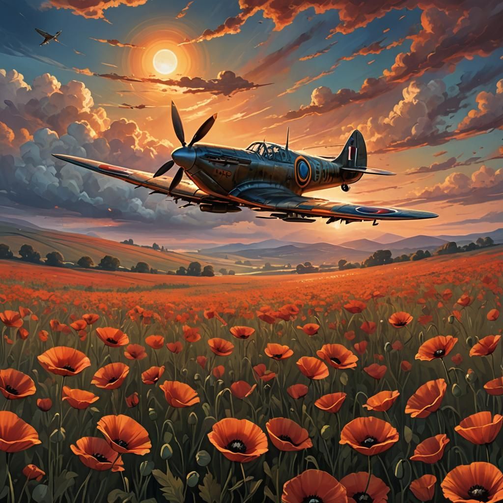 Spitfire Sunset Flight in Fantasy Art Style