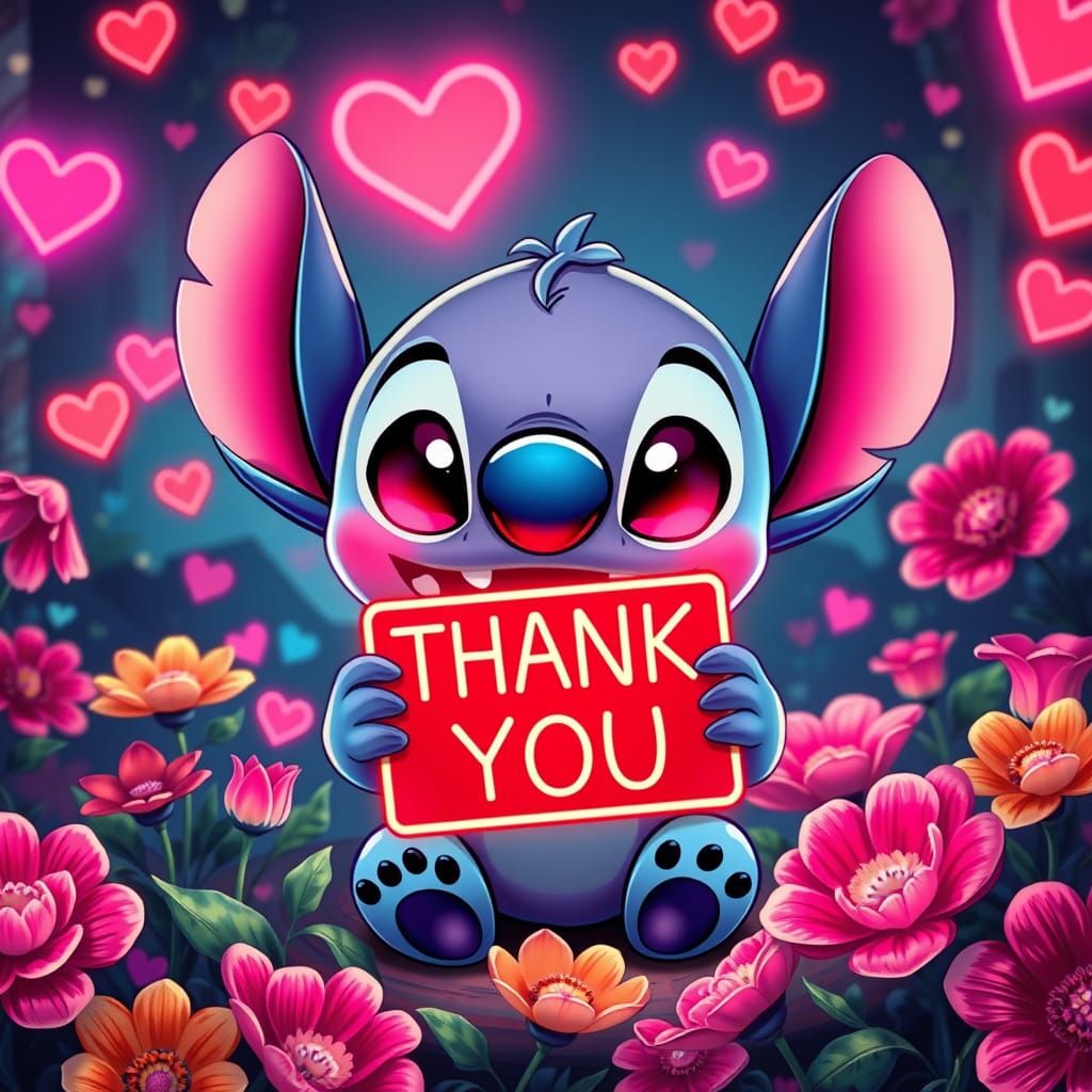 A 3D render of a chibi-style baby Stitch holding a bright neon sign with the text "THANK YOU". The adorable creature has...