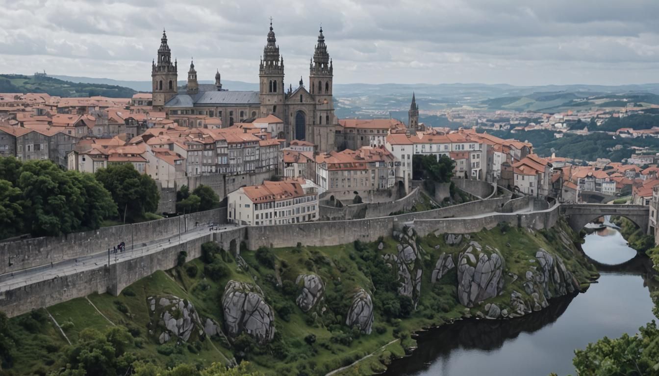 Photorealistic Compostela Cityscape with Cinematic Intensity