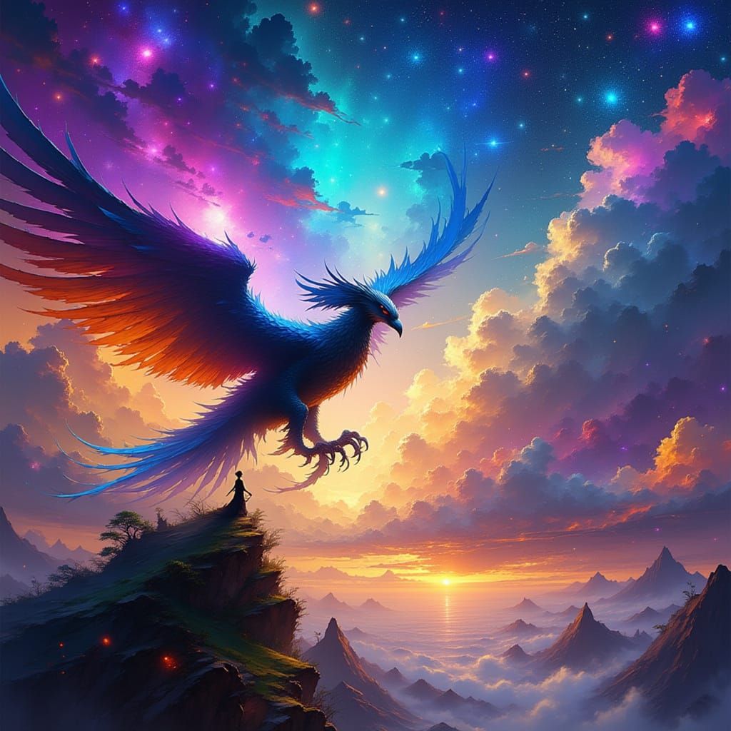 Griffin Soaring Through Nebula in Cosmic Digital Art