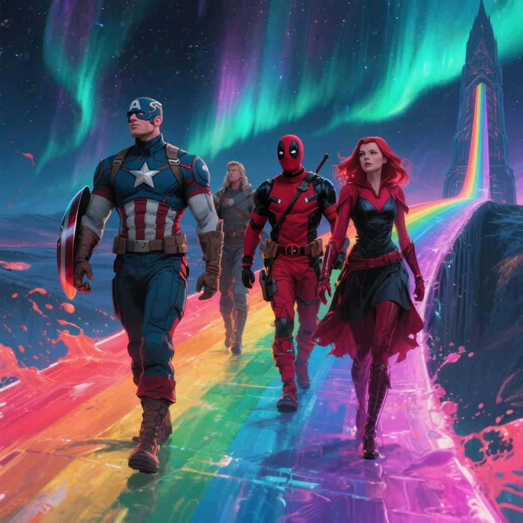 Avengers Cross Bifrost Under Aurora Borealis
