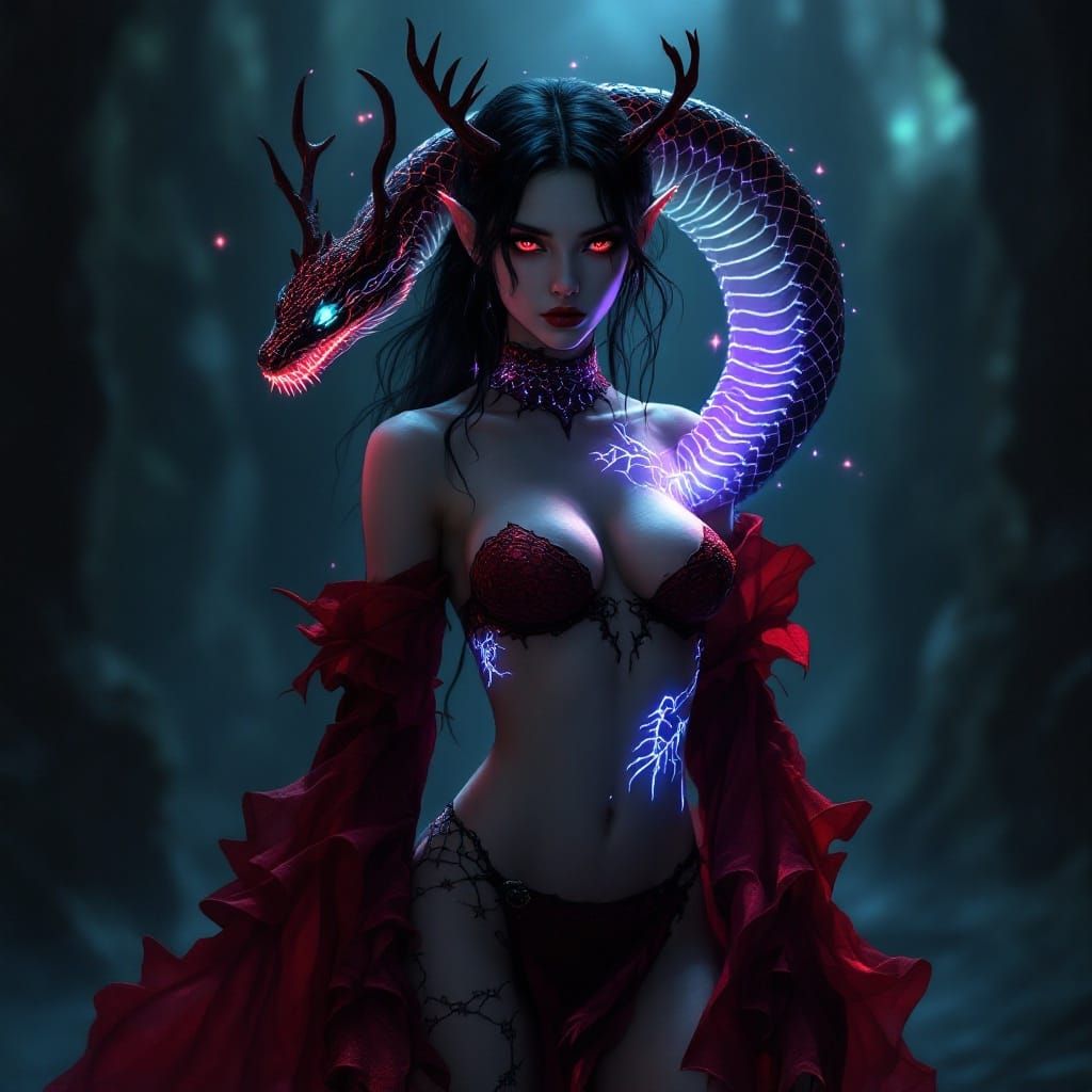 Gothic Elf Goddess in Red Spider Silk and Snake Scale Armor
