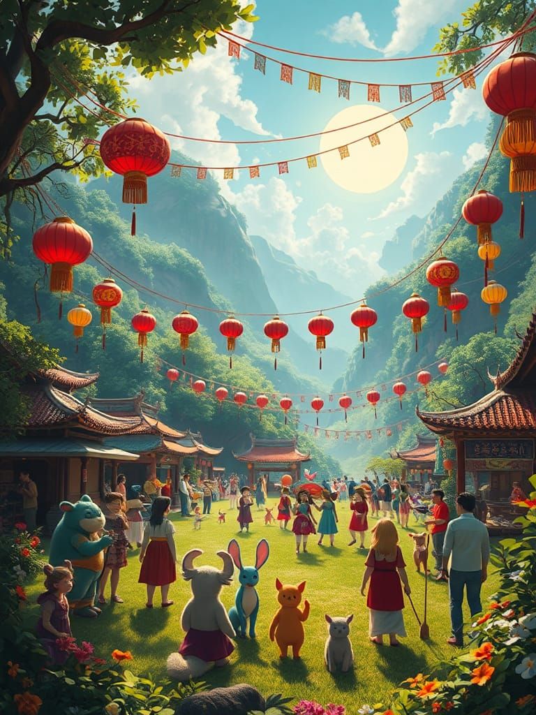 Unity Festival: Animated Valley Celebration in Miyazaki Styl...