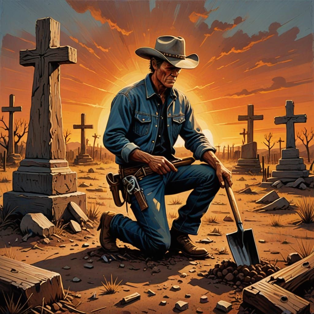 Rustic Sunset Graveyard Scene in Vibrant Oil Painting Style