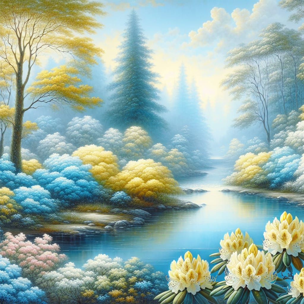 Dreamy Landscape with Blue River and Yellow Flowers