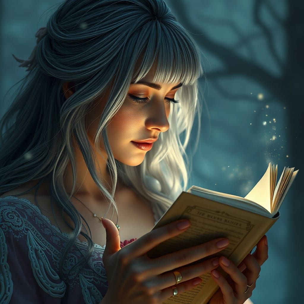 "woman in her thirties with gray hair reading a book"
"ethereal fantasy hyperdetailed mist Thomas Kinkade" detailed matt...