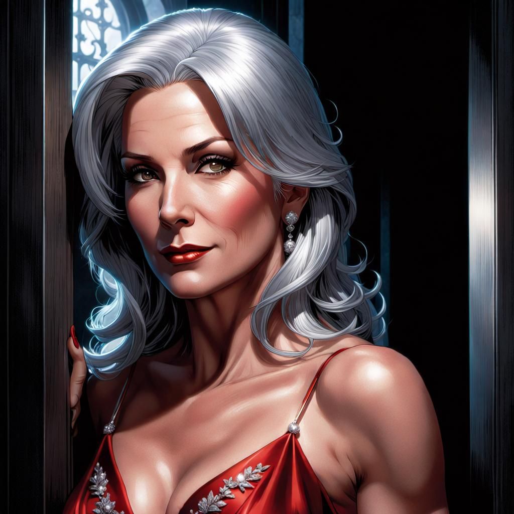 Silver-Haired Woman in Red Gown: Comic Book Art