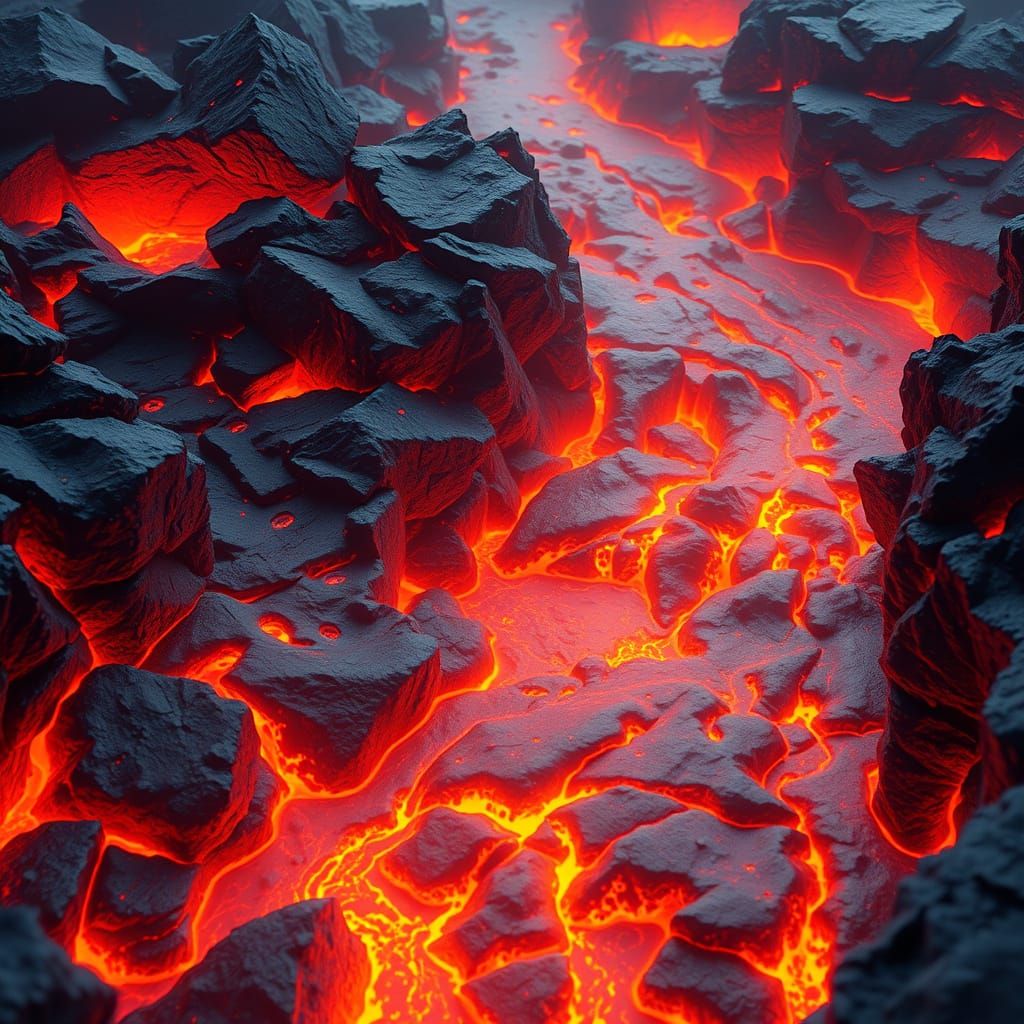 Molten Lava Flowing Over Jagged Rocks