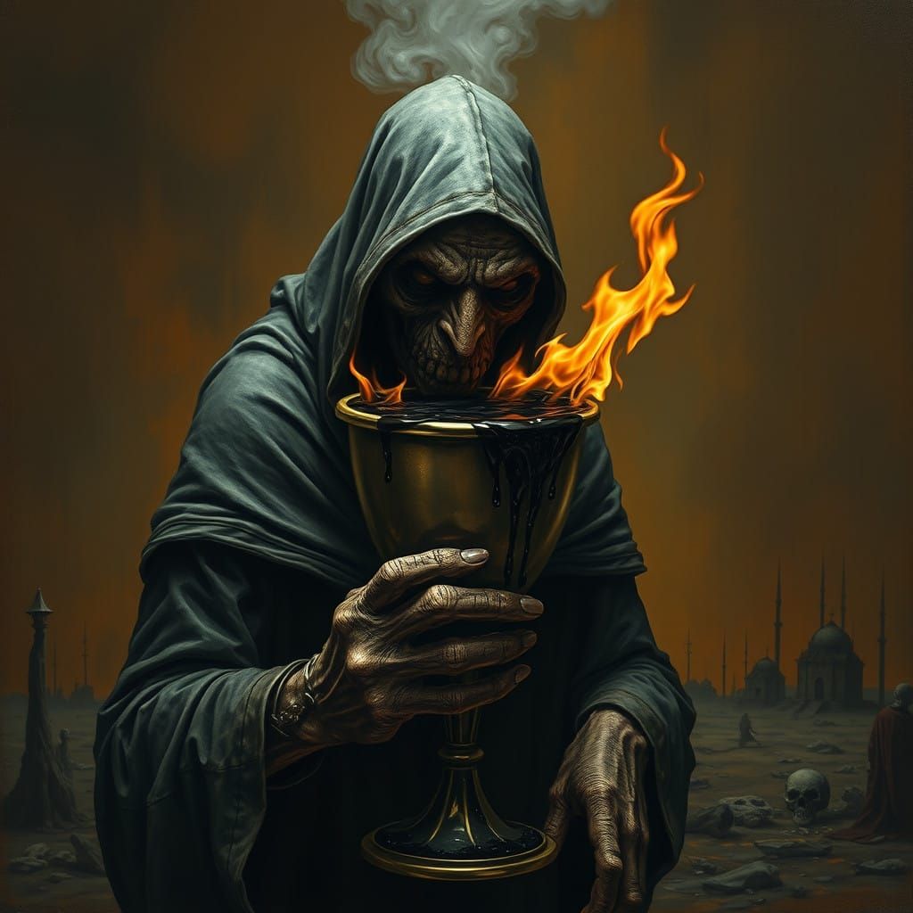 Twisted Figure Grasps Chalice in Surreal, Dark Landscape