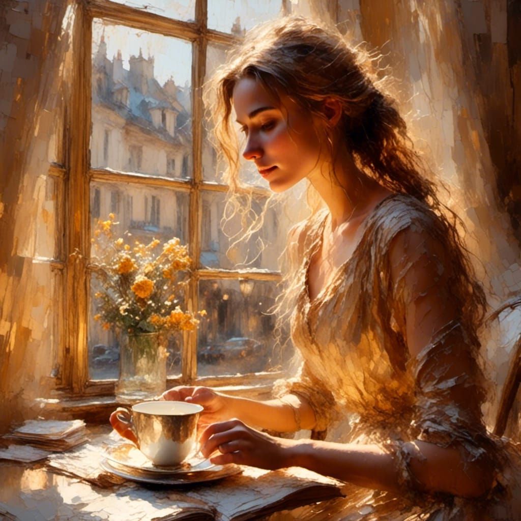 Impressionist Woman with Coffee in Morning Light