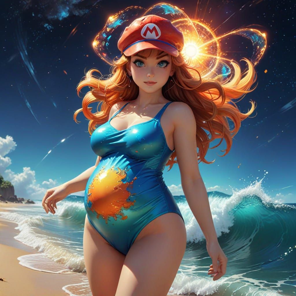 Vibrant Beach Scene with Pregnant Mario in a Curvy Swimsuit