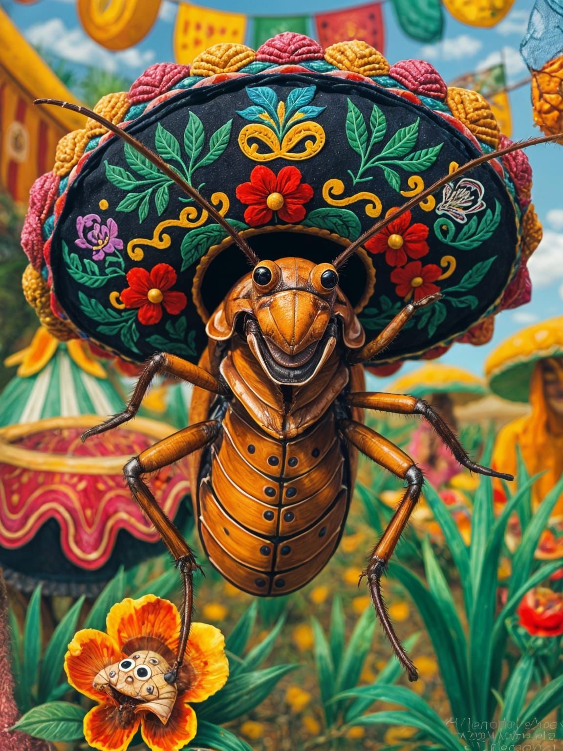 Mexican Cockroach in Sombrero with Vibrant Colors
