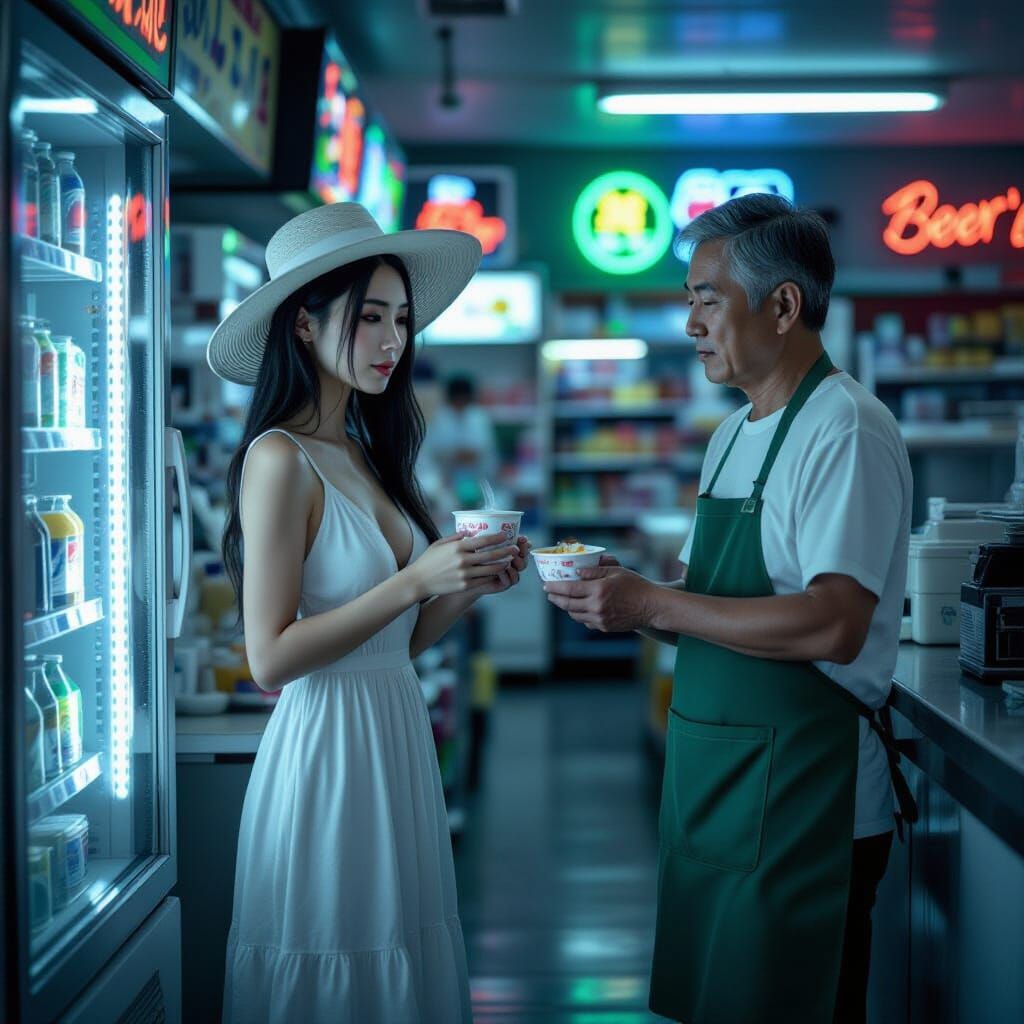 Night Ramen: Hyperrealistic Convenience Store Encounter