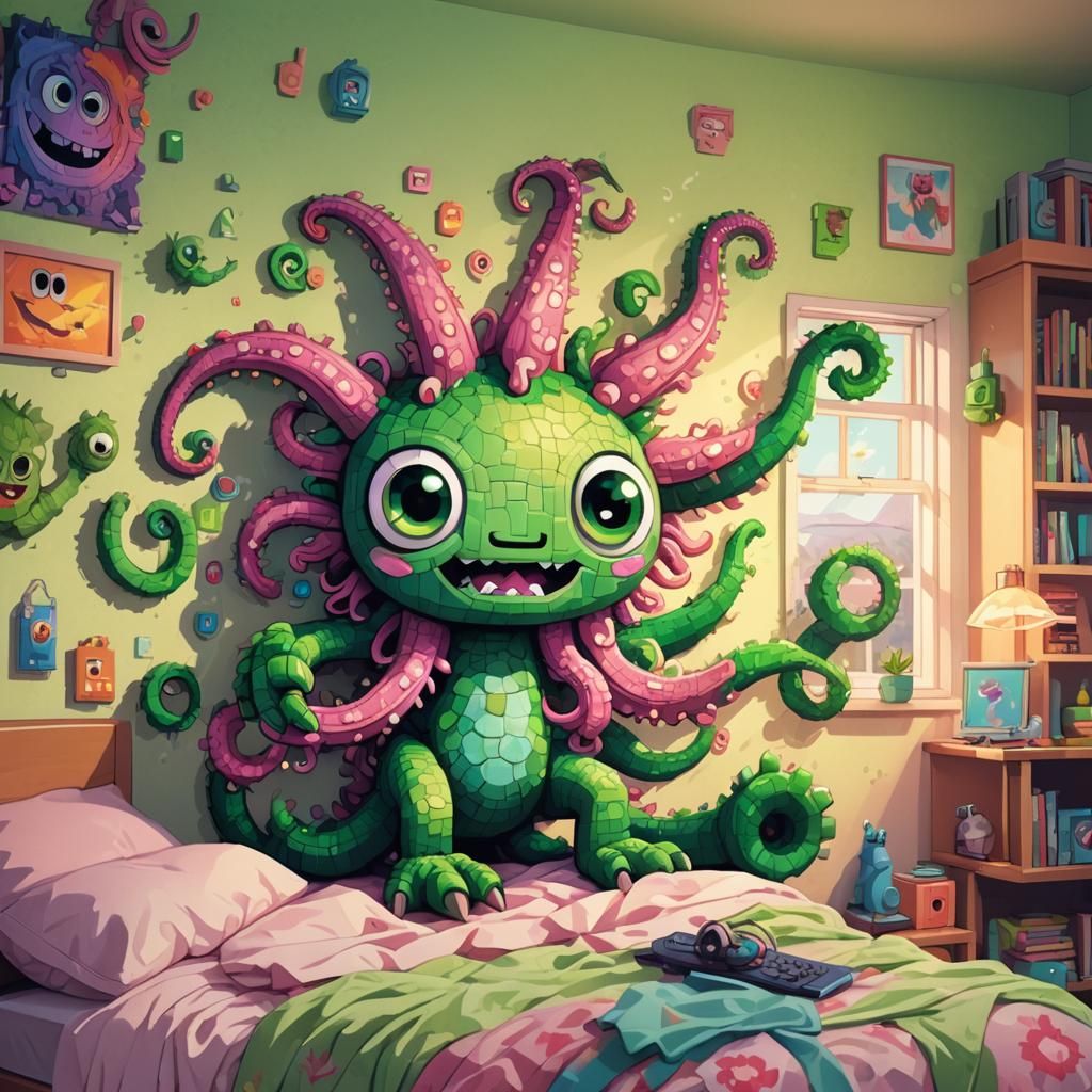 Green Monster Draws Boy: Pixel Art in Pixar Style