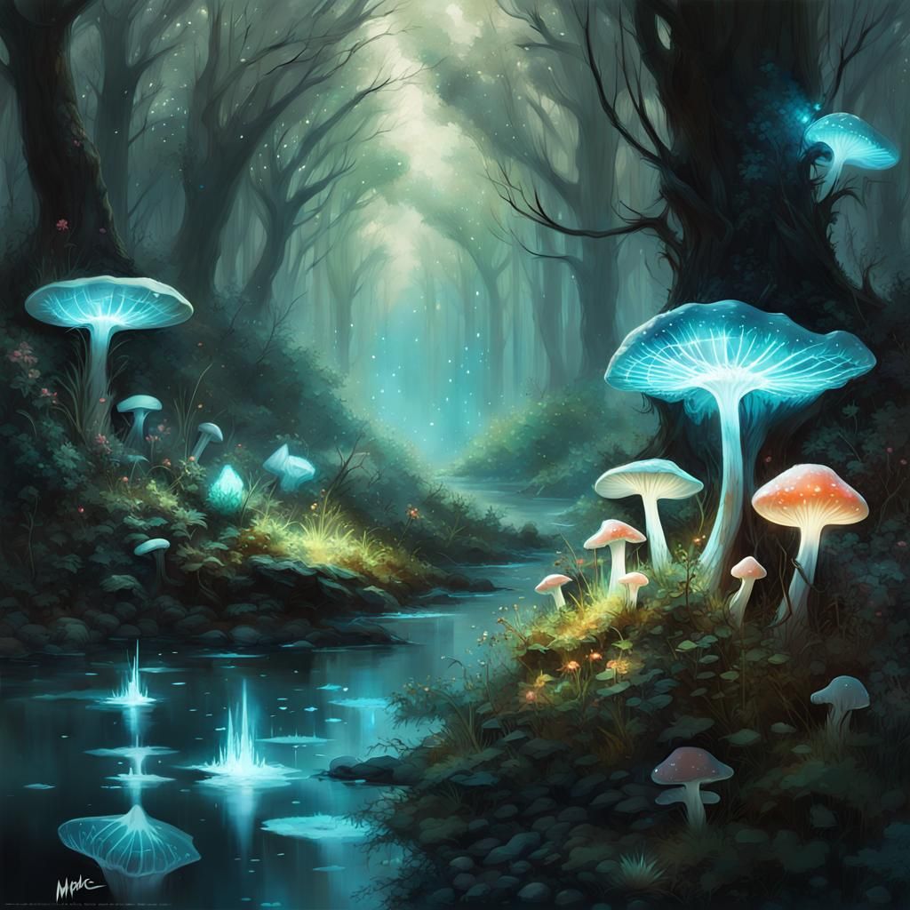 Enchanted Bioluminescent Forest with Glowing Crystals